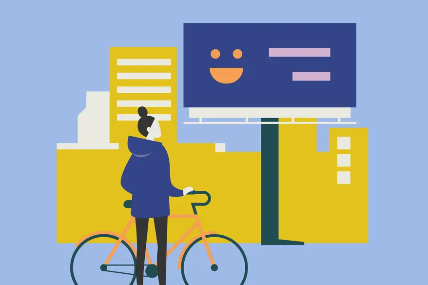 A minimalist illustration of a person standing next to a bicycle, gazing at a large billboard with a smiley face and text against a backdrop of bright yellow buildings and a blue sky.