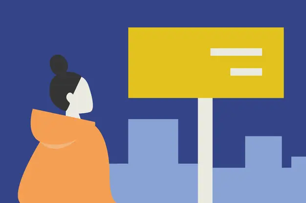 An abstract illustration featuring a person with a bun hairstyle, depicted in a minimalist and modern flat design style. The individual wears an orange garment and looks toward a large yellow sign with two horizontal white lines, symbolizing text or information. The background features a blue cityscape silhouette with geometric building shapes, all set against a dark blue sky.