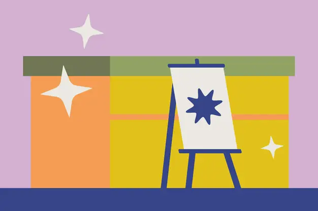 Colorful, abstract illustration featuring a flip chart on a stand with a dark blue starburst shape in the center. The background has geometric blocks of orange, yellow, and green on a lavender wall, with white sparkling stars scattered around the scene.