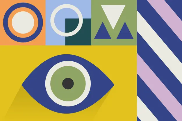 A bold, geometric abstract illustration featuring a large stylized eye in blue, green, and yellow, surrounded by various shapes including circles, triangles, and diagonal stripes in contrasting colors like orange, lavender, and dark blue.