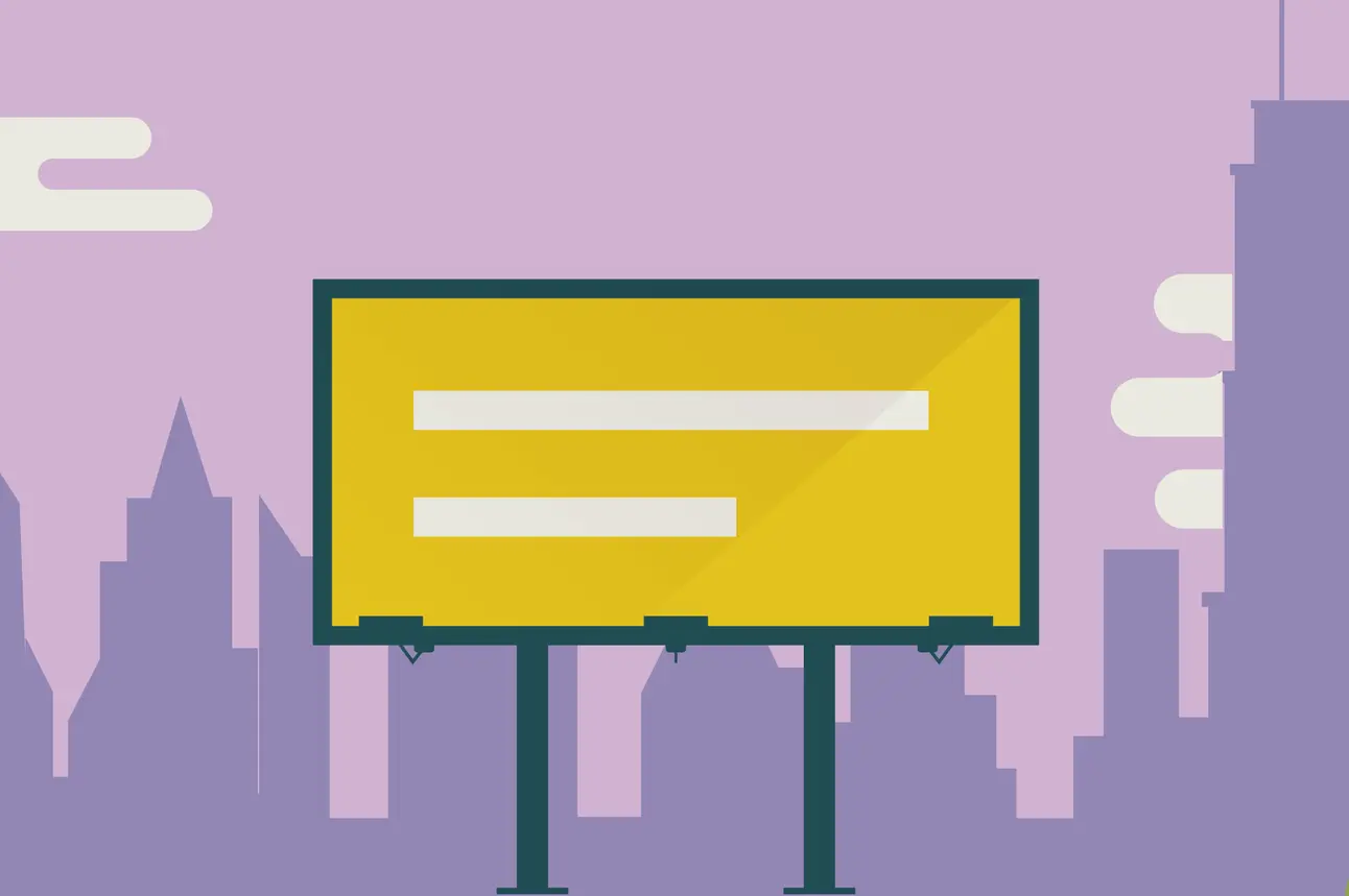 Illustration of a blank yellow billboard with two white text lines, set against a purple city skyline background.