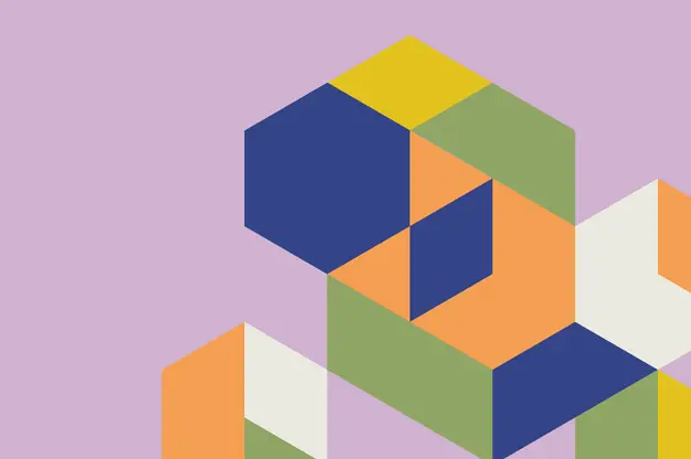 An abstract graphic of blue, yellow, green, orange, and white geometric box shapes on a pink background.