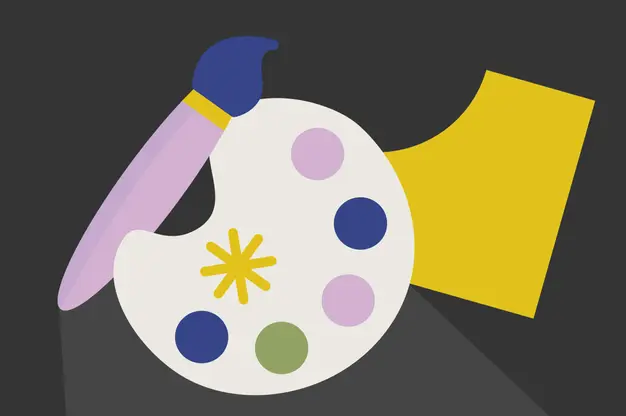 An abstract graphic of a paintbrush, a color palette, and a yellow geometric shape on a charcoal black background.
