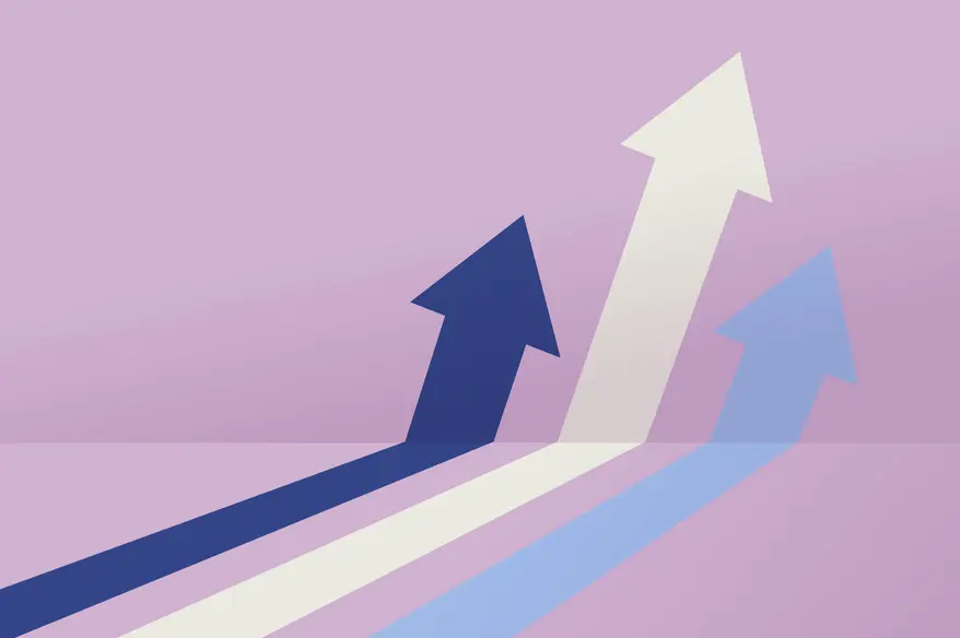 A modern, minimalist illustration featuring three upward-moving arrows in different shades of blue and white against a pastel purple background, symbolizing growth, progress, and trends. SEO Description: A sleek and abstract illustration of three arrows rising upward, representing business growth, success, and market trends. Ideal for branding, strategy, and innovation concepts.