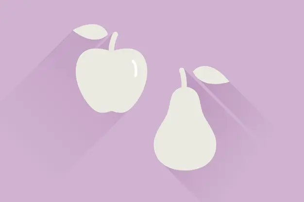 A graphic of an off-white apple and an off-white pear with a pink background.